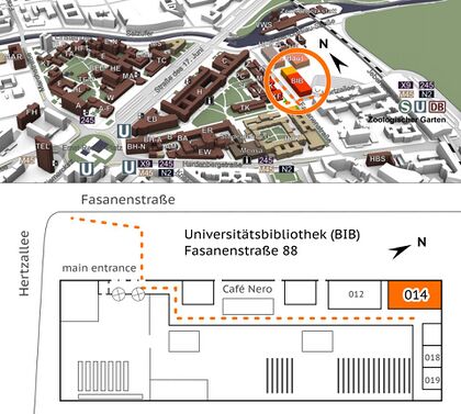 Oben: Der Campusplan der TU Berlin, eingekreist ist das Gebäude der Universitätsbibliothek an der Straßenecke Fasanenstraße – Hertzstraße. Unten: Der des Erdgeschosses der Universitätsbibliothek. Vom Haupteingang führt eine gestrichelte Linie zum BIB 014.